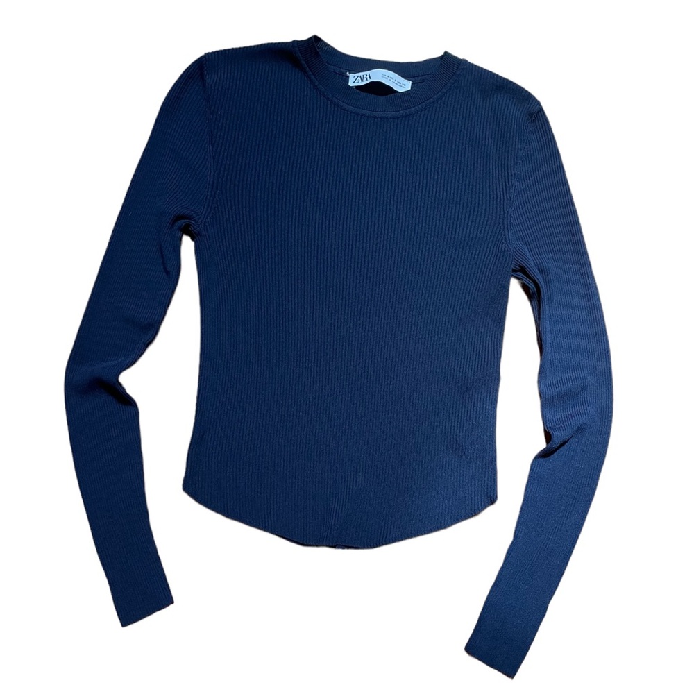 Zara Navy Blue Ribbed Knit Top